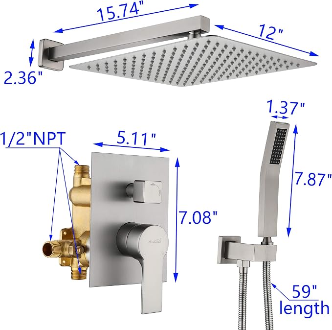 SHAMANDA Bathroom Rain Shower System, 12 Inch Luxuly Shower Head and Handheld Shower Faucet Combo Set Brushed Nickel(Including Rough-In Valve Body and Trim), Wall Mount, L7001-2