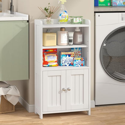 Small Bathroom Storage Cabinet, 30" Tall Freestanding Corner Floor Cabinet with Opposite Doors & 5 Shelves (2 Adjustable), Narrow Toilet Paper Holder Organizer for Small Spaces, White