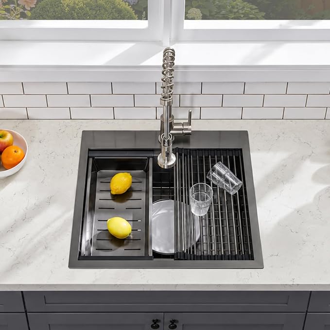 21 Inch Black Drop In Kitchen Sink, 21x20 Inch Gunmetal Black Top Mount 16 Gauge Stainless Steel Single Bowl Workstation RV Small Kitchen Outdoor Laundry Wet Prep Sink with Accessories