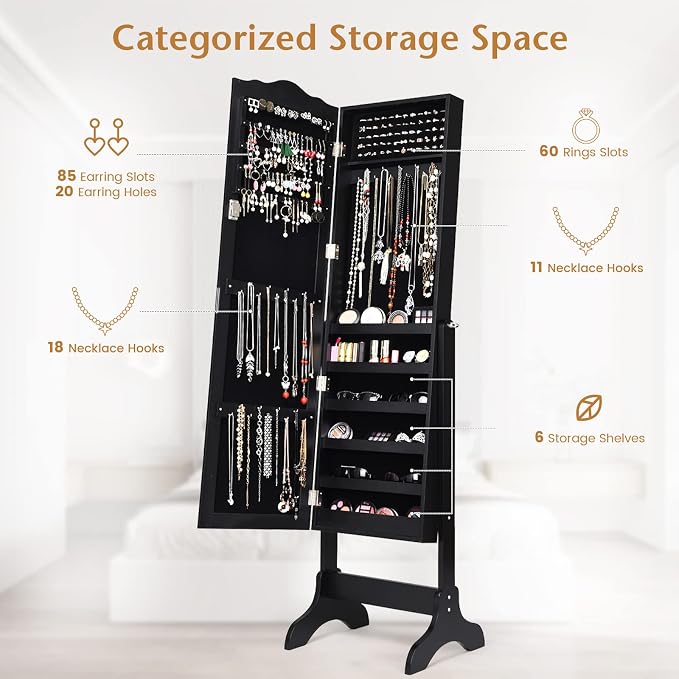 NAFORT Jewelry Armoire, Mirror with Jewelry Storage, Jewelry Organizer, Standing Lockable Jewelry Cabinet with Full Length Mirror, Jewelry Organizer with 2 Drawers, Black