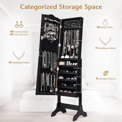 NAFORT Jewelry Armoire, Mirror with Jewelry Storage, Jewelry Organizer, Standing Lockable Jewelry Cabinet with Full Length Mirror, Jewelry Organizer with 2 Drawers, Black
