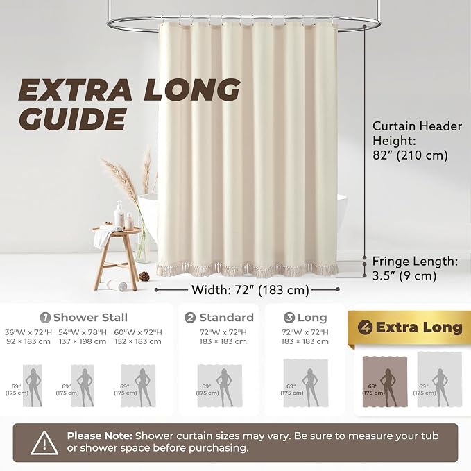 Linen Shower Curtain Boho Beige Shower Curtain with Tassels 72"W x 84"L | Thick linen-poly blend, soft textured drape, handcrafted fringe, neutral rustic farmhouse bathroom decor