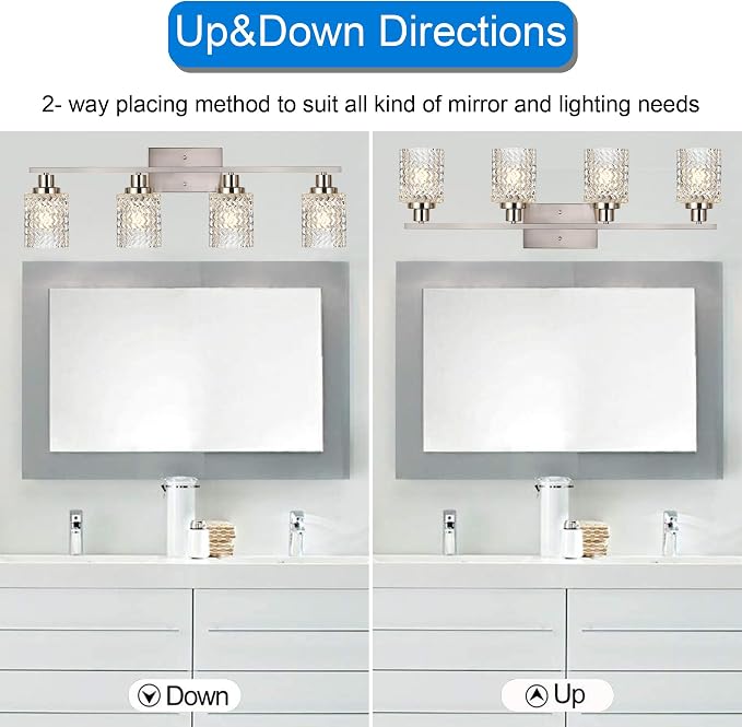 MELUCEE 4 Lights Brushed Nickel Vanity Light with Hammered Glass Shade | Indoor Metal Bathroom Light Fixtures Wall Lights for Powder Room Hallway Kitchen, E26 Base