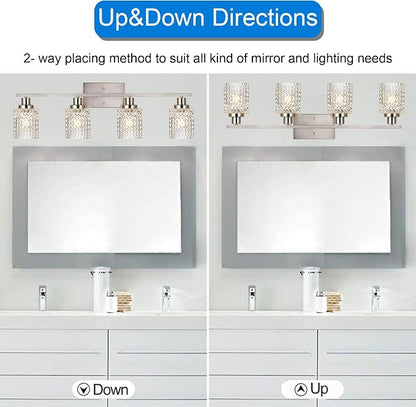 MELUCEE 4 Lights Brushed Nickel Vanity Light with Hammered Glass Shade | Indoor Metal Bathroom Light Fixtures Wall Lights for Powder Room Hallway Kitchen, E26 Base