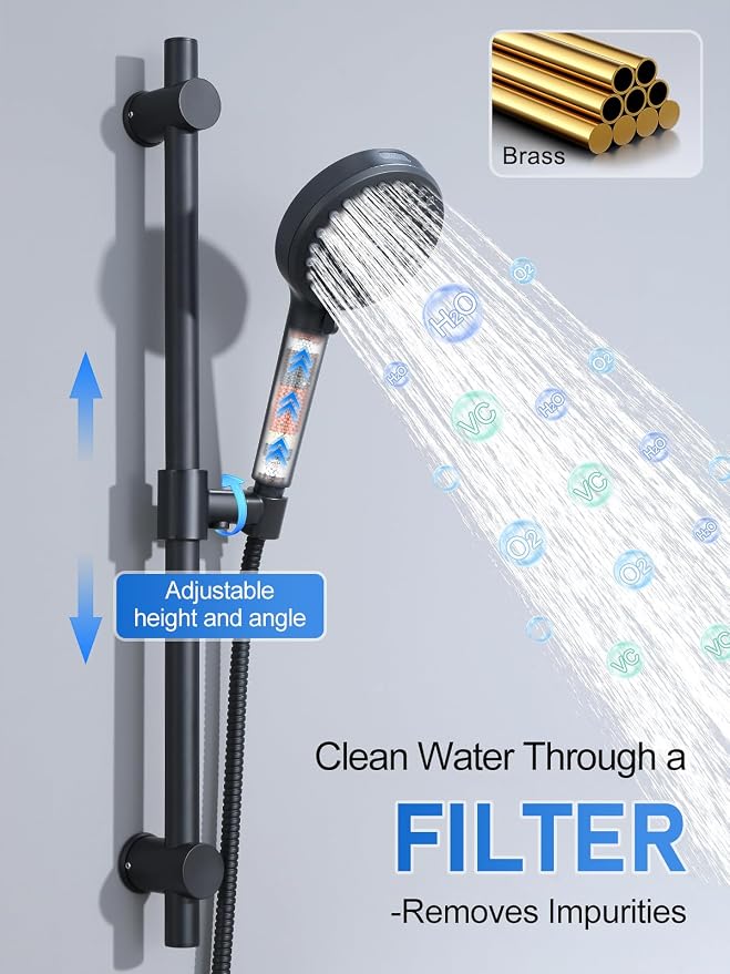 Woindo Shower Faucet Set with Slide Bar, 12" Rain Shower Head/8'' Side Shower Head and 10 Setting Handheld Ceiling Mount 3 Push Button Diverter Complete Rainfall Shower System Included Valve Trim Kit