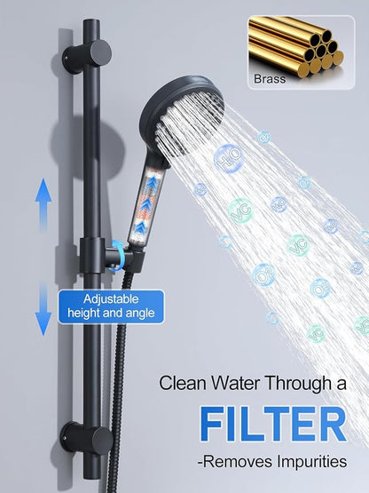 Woindo Shower Faucet Set with Slide Bar, 12" Rain Shower Head/8'' Side Shower Head and 10 Setting Handheld Ceiling Mount 3 Push Button Diverter Complete Rainfall Shower System Included Valve Trim Kit