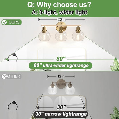 3-Light Bathroom Light Fixtures, Brushed Brass Bathroom Lights Over Mirror with Clear Glass Globe Shade, Vanity Lights for Bathroom Kitchen Living Room Hallway Cabinet Bedroom Porch