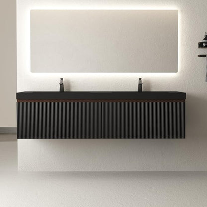 60 Inch Floating Bathroom Vanity with Double Sinks, Wall Mounted Striped Storage Cabinet, Soft Close Drawer, Black Quartz Sand Basin, Fully Assembled, Smoked Walnut Finish