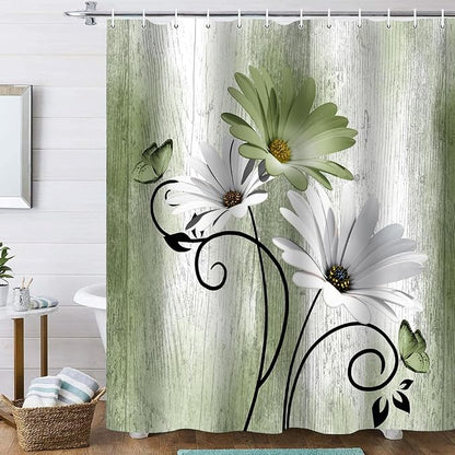 Onalasyc 4PCS Grass Green Daisy Bathroom Sets with Shower Curtain and Rugs | Country Floral Butterfly Shower Curtain Set,Modern Bathroom Decor Shower Curtains Set with Rugs Toilet Lid Cover and 12 Hooks