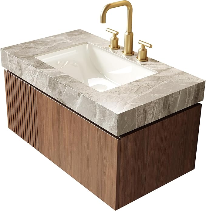 KEIKI 36 Inch Floating Bathroom Vanity with Sink, Modern Wall Mounted Storage Cabinet with Drawer, Pre-Assembled Waterproof Wood Panels, Sintered Stone Top & Ceramic Basin Combo Set, Brown Oak & Grey