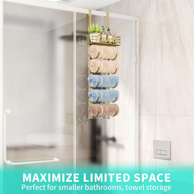 HapiRm Towel Racks for Bathroom Storage - 6 Tier Over The Door & Wall Mount Rolled Towel Storage Organizer Holder with Metal Shelf Basket for Small Bathroom, Camper, Rv - Gold, Patented