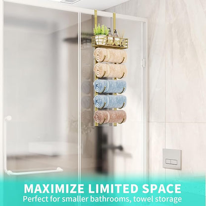 HapiRm Towel Racks for Bathroom Storage - 6 Tier Over The Door & Wall Mount Rolled Towel Storage Organizer Holder with Metal Shelf Basket for Small Bathroom, Camper, Rv - Gold, Patented