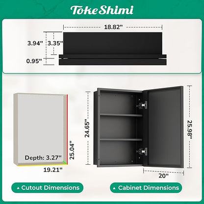 TokeShimi 20 x 26 Recessed Medicine Cabinet with Mirror Wall Mounted, Aluminum Alloy Black Medicine Cabinet Mirrored, Metal Beveled Mirror with Storage for Bathroom Vanity