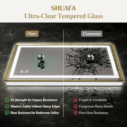 40X32 Inch LED Bathroom Mirror with Lights, Gold Frame Frontlit+ Backlit Bathroom Vanity Mirror for Wall, Ultra-Clear Tempered Glass, Shatter-Proof, Anti-Fog and Memory Function, ETL Listed