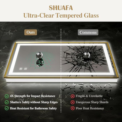 48X36 Inch LED Bathroom Mirror with Lights, Gold Frame Frontlit+ Backlit Bathroom Vanity Mirror for Wall, Ultra-Clear Tempered Glass, Shatter-Proof, Anti-Fog and Memory Function, ETL Listed
