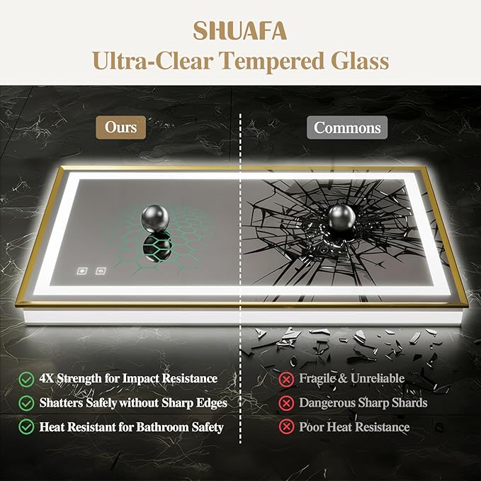 60X36 Inch LED Bathroom Mirror with Lights, Gold Frame Frontlit+ Backlit Bathroom Vanity Mirror for Wall, Ultra-Clear Tempered Glass, Shatter-Proof, Anti-Fog and Memory Function, ETL Listed