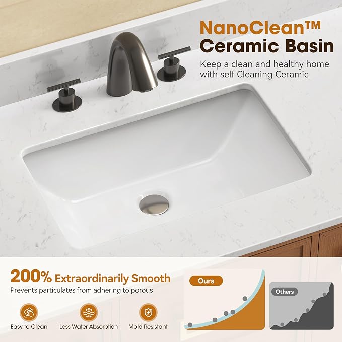 48 Inch Bathroom Vanity with Sink, Light Walnut | Fully Assembled Bathroom Cabinet, Marble Countertop & Backsplash, Soft Closing 2 Doors & 3 Drawers, Adjustable Shelves