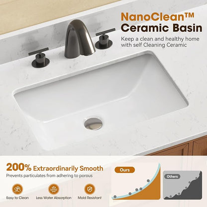 48 Inch Bathroom Vanity with Sink, Light Walnut | Fully Assembled Bathroom Cabinet, Marble Countertop & Backsplash, Soft Closing 2 Doors & 3 Drawers, Adjustable Shelves