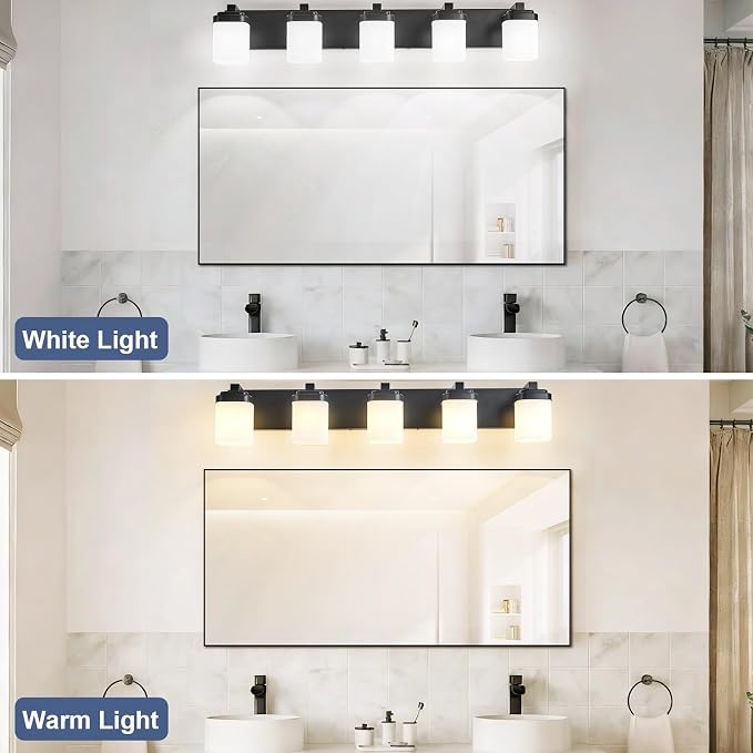 Bathroom Light Fixtures, Farmhouse Vanity Lights for Bathroom | 5-light black modern light fixture with milky white square glass shade, 36.5" modern bathroom lighting fixtures over mirror