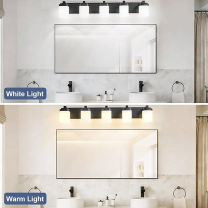 Bathroom Light Fixtures, Farmhouse Vanity Lights for Bathroom | 5-light black modern light fixture with milky white square glass shade, 36.5" modern bathroom lighting fixtures over mirror