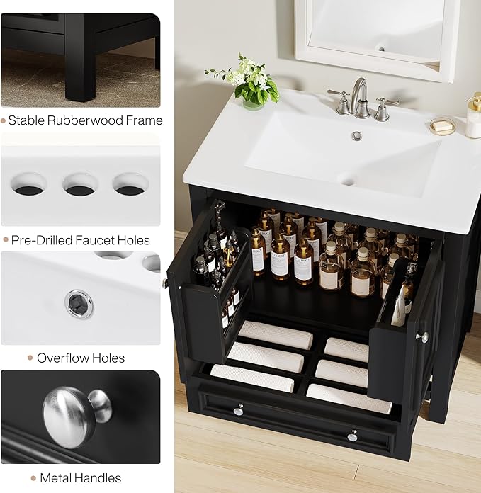 Tribesigns Modern Bathroom Vanity with Sink, Freestanding Bathroom Vanities Cabinet with Ceramic Basin Combo, Bathroom Sink Cabinet with 2 Doors and 1 Drawer, Solid Wooden Frame (Black, 30 INCH)
