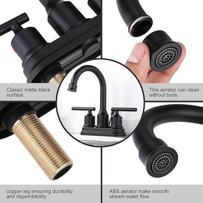 WOWOW Black Centerset Bathroom Faucet - 2 Handle 4 Inch Basin 3 Hole Modern Vanity Sink Faucet for RV With Lift Rod Drain Stopper and Supply Hoses