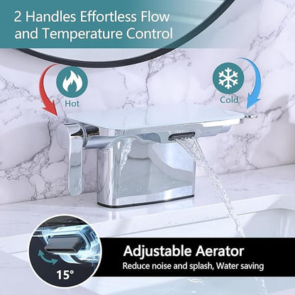 Waterfall Bathroom Faucet, 4 Inch Centerset Bathroom Sink Faucets, 2 Handle Bathroom Faucets for Sink, Modern Rv Lavatory Vanity Faucet with Pop Up Drain and Supply Hoses, Chrome