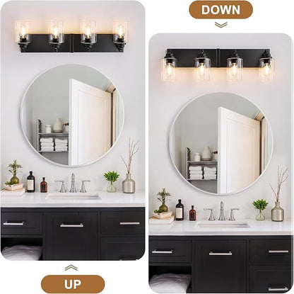Black Bathroom Light Fixture, 4 Light Matte Black Vanity Light, 27.5" Modern Bathroom Lighting Fixtures Over Mirror, with Clear Glass Shade, Vanity Lights for Bathroom Bedroom Hallway