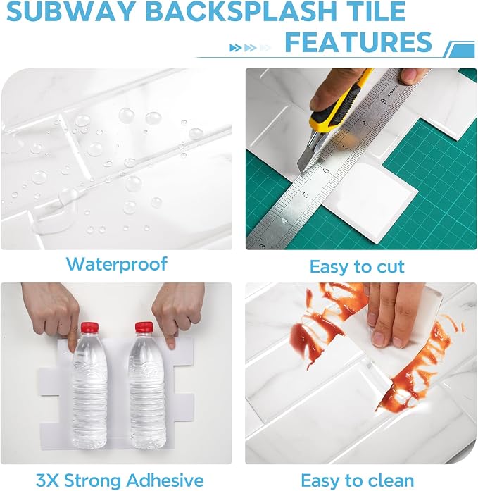 STICKGOO 10-Sheet Subway Peel and Stick Backsplash Tiles Carrara White | Waterproof 3D PVC wall tiles with strong adhesive, extra thick for kitchen backsplash and bathroom walls