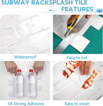 STICKGOO 10-Sheet Subway Peel and Stick Backsplash Tiles Carrara White | Waterproof 3D PVC wall tiles with strong adhesive, extra thick for kitchen backsplash and bathroom walls