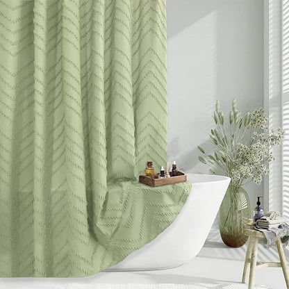 Green Boho Shower Curtain - 72 x 84, Tufted Chevron Textured Striped Fabric, Modern Minimalist for Bathroom
