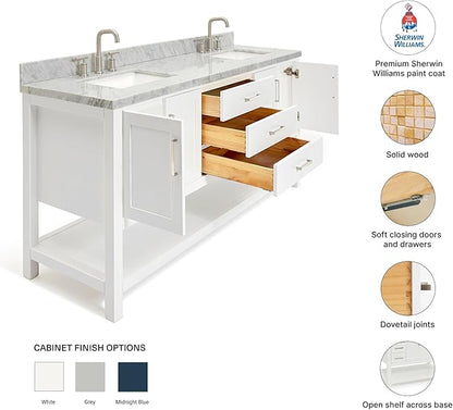 DKB Olivia 72-Inch White Double Bathroom Vanity, 1.5-Inch Edge Italian Carrara Marble Countertop & Splash, Rectangular Sinks, 4 Soft Closing Doors, 3 Dovetail Drawers, Open Shelf, Brushed Nickel