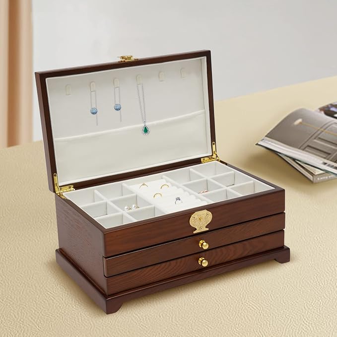 Extra Large 3 Layers Wooden Jewelry Box Jewelry Case Cabinet Armoire Ring Necklacel Gift Storage Box Organizer(3 Layers,Brown)