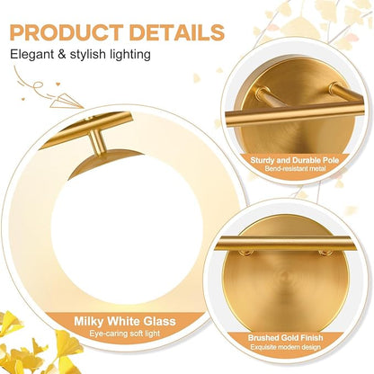 2-Light Bathroom Light Fixtures, Brushed Gold Vanity Lights for Bathroom with Milky White Glass Shade, Bathroom Lighting Fixtures Over Mirror, Wall Sconce for Bedroom (Bulb Not Included)