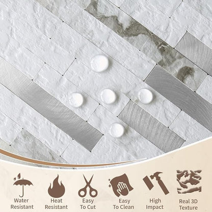 DICOFUN 2 Sheets White Marble Peel and Stick Backsplash Tile, Faux Stone PVC Mixed Metal Stick on Backsplash Kitchen Wall Tiles