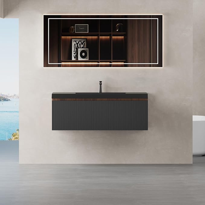 42 Inch Floating Bathroom Vanity with Sink, Modern Wall-Mounted Storage Cabinet with Wave Texture Drawers, Soft-Close & Black Quartz Sand Basin, Smoked Walnut,Fully Pre-Assembled