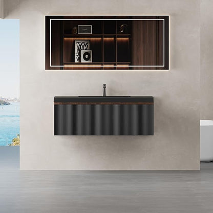 42 Inch Floating Bathroom Vanity with Sink, Modern Wall-Mounted Storage Cabinet with Wave Texture Drawers, Soft-Close & Black Quartz Sand Basin, Smoked Walnut,Fully Pre-Assembled