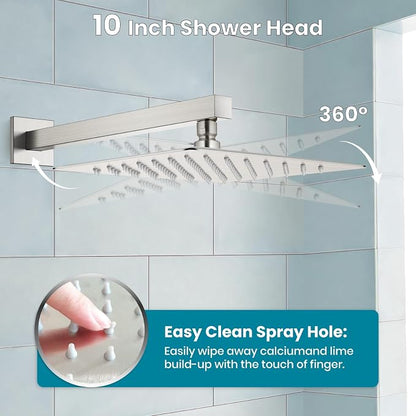 gotonovo Bathtub Shower Faucet Set, 10 Inch Shower Head, Brushed Nickel | Wall Mounted Shower System with Tub Spout for Bathroom, Square High Pressure Rain Shower head with Handheld Spray, All Metal