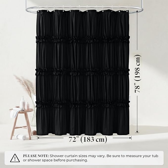 LIPA Boho Rustic Black Ruffle Shower Curtain 72x78 Inches | Farmhouse Shower Curtains for Bathroom,Water‑Resistant Fabric Shower Curtain,Bohemian Bathroom Decor
