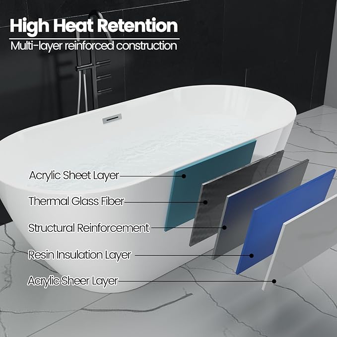 Freestanding Bathtub 67 inch, Acrylic Freestanding Bathtub 59 inch with Deep Soaking Design, Acrylic Stand Alone Tub Black & White, Free Standing Tub for Small Bathroom