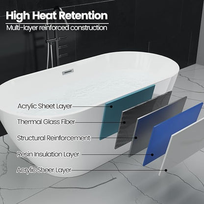 Freestanding Bathtub 67 inch, Acrylic Freestanding Bathtub 59 inch with Deep Soaking Design, Acrylic Stand Alone Tub Black & White, Free Standing Tub for Small Bathroom