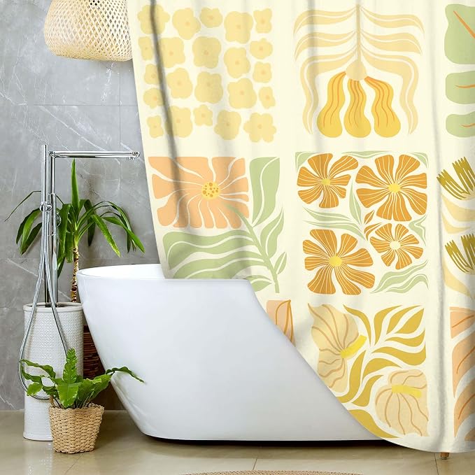 JAWO Cute Boho Floral Shower Curtain, Vintage Yellow Abstract Floral Retro Aesthetic Shower Curtain for Bathroom, Funky Unique Waterproof Fabric Polyester Bath Curtains Decor with Hooks,70Wx75H
