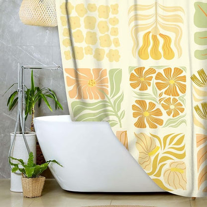 JAWO Cute Boho Floral Shower Curtain, Vintage Yellow Abstract Floral Retro Aesthetic Shower Curtain for Bathroom, Funky Unique Waterproof Fabric Polyester Bath Curtains Decor with Hooks,70Wx75H