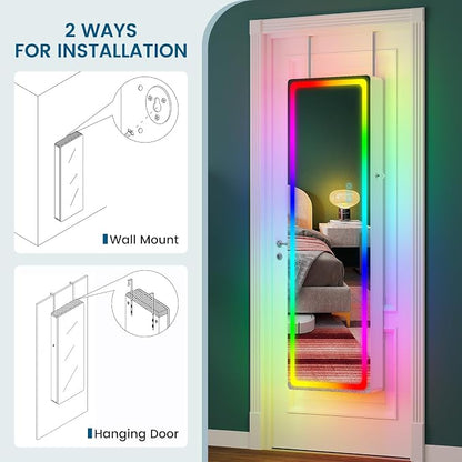 HNEBC Full Length Mirror with Storage, Wall Mounted Jewelry Cabinet with RGB Lights & Remote, Lockable Over Door Jewelry Organizer with Drawer, Foldout Makeup Tray 47.2" Hx14.5 Wx3.9 D, White