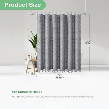 Boho Farmhouse Fabric Shower Curtain Tufted Geometric 72x72 Grey | Elegant Tassel, Soft Lightweight Textured Fabric, Water Repellent, Washable, Hotel Spa, for Bathroom/Dorm/Apartment 12 Hooks