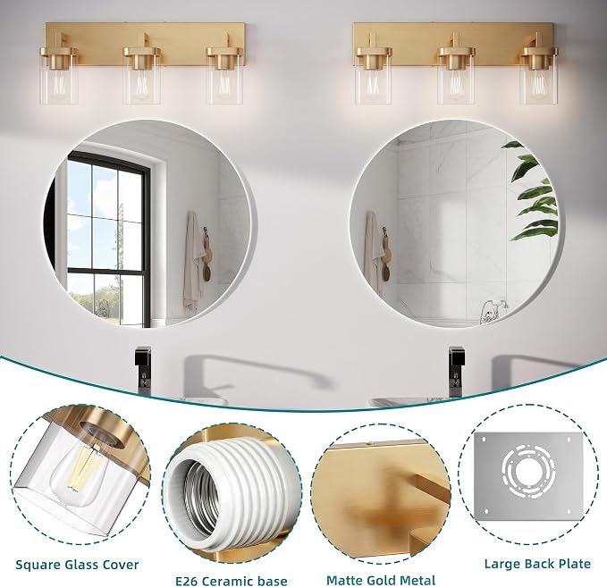 Bathroom Lighting Fixtures Over Mirror, Square Design & Rectangle Large Backplate, 3 Lights Modern Vanity Lighting Fixtures, Bathroom Light Fixtures for Bathroom/Living Room/Bedroom, Gold