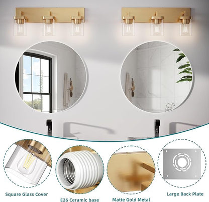 Bathroom Lighting Fixtures Over Mirror, Square Design & Rectangle Large Backplate, 3 Lights Modern Vanity Lighting Fixtures, Bathroom Light Fixtures for Bathroom/Living Room/Bedroom, Gold