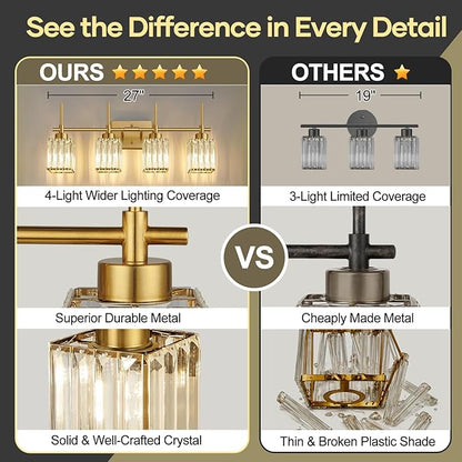 Torondo Modern Crystal Bathroom Vanity Light 4-Lights Brushed Gold Bathroom Light Fixtures Over Mirror Brushed Gold Vanity Lighting Fixtures Square Shade Brass Wall Sconce (Bulbs Not Include)