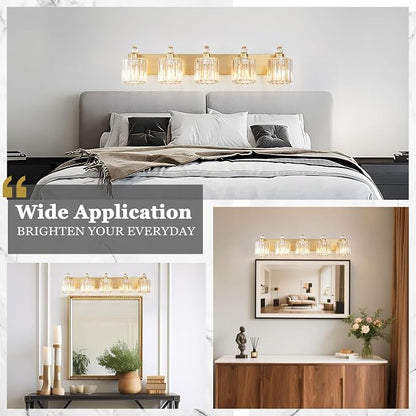 5-Lights Brushed Brass Bathroom Light Fixture Gold Vanity Lights Modern Crystal Bathroom Vanity Lighting Over Mirror Wall Sconce with K9 Crystal Shade E26 Base for Living Room, Bedroom Wall Lamp