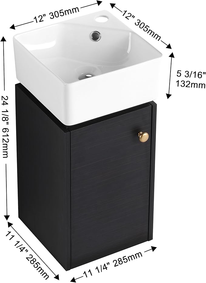 SSLine Modern 12" Floating Bathroom Vanity with Sink Wall Mounted Small Bathroom Vanity Cabinet with Top Basin Square Wood Bath Vanities w/Ceramic Sink for Small Space(Black Chestnut&Gold)